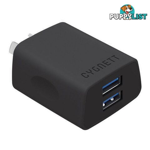 Cygnett Flow+ 2.4A Dual USB Wall Charger - Black - CY1947POFLW - Black - 848116013831