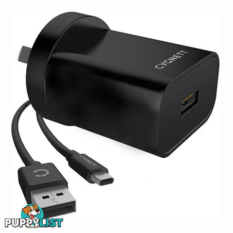 Cygnett POWERPLUS 18W Wall Charger (QC 3.0 USB) + USB-C to USB-A Cable - Black - CY3081POPLU - Black - 848116025179