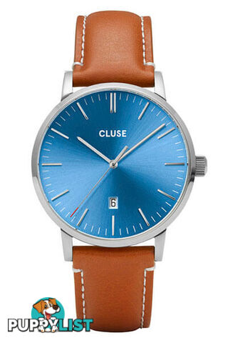 Cluse Mens Aravis Silver Blue/Light Brown Leather Watch CW0101501005 - 8719743374843