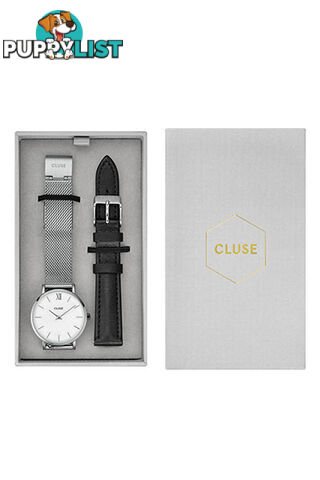 Cluse Minuit Silver Mesh Watch and Black Leather Strap Gift Box Set CG1519203003 - 8719743375581