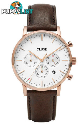 CLUSE Mens Aravis Chronograph Rose Gold White/Brown Leather Watch CW0101502002 - 8719743374911