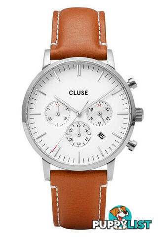 CLUSE Mens Aravis Chronograph Silver White/Light Brown Leather Watch CW0101502003 - 8719743374928