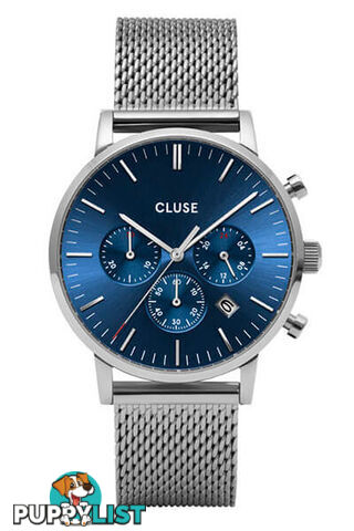 CLUSE Mens Aravis Chronograph Silver Dark Blue/Silver Mesh Watch CW0101502004 - 8719743374935