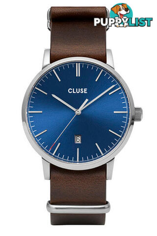 Cluse Mens Aravis Silver Dark Blue/Dark Brown Nato Watch CW0101501008 - 8719743374874