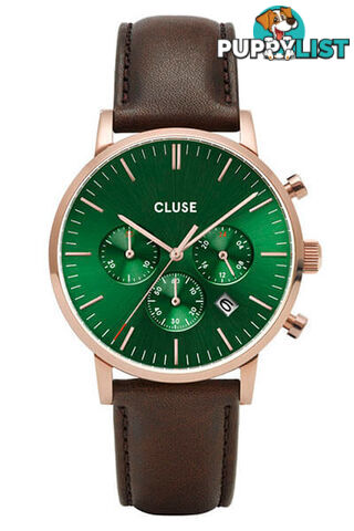 CLUSE Mens Aravis Chronograph Rose Gold Green/Dark Brown Leather Watch CW0101502006 - 8719743374959