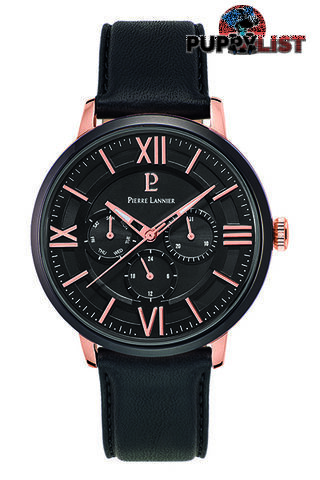 Pierre Lannier Beaucour Black Rose Gold/Black Leather Watch 254C433