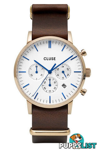 CLUSE Mens Aravis Chronograph Gold White/Dark Brown Nato Watch CW0101502009 - 8719743374980