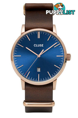 Cluse Mens Aravis Rose Gold Dark Blue/Dark Brown Nato Watch CW0101501009 - 8719743374881