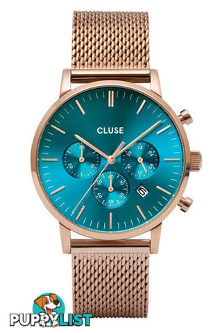 CLUSE Mens Aravis Chronograph Rose Gold Ocean Blue/Rose Gold Mesh Watch CW0101502005 - 8719743374942