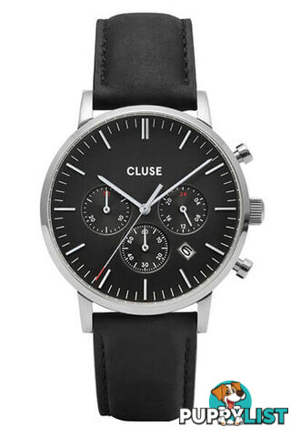 CLUSE Mens Aravis Chronograph Silver Black/Black Leather Watch CW0101502001 - 8719743374904