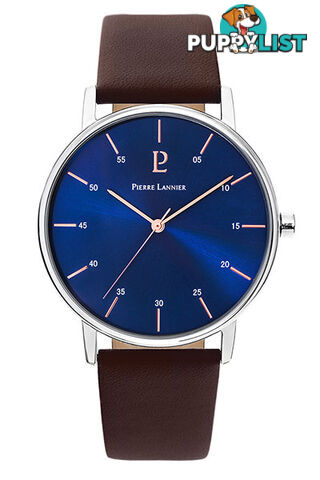 Pierre Lannier Cityline Silver Blue/Brown Leather Watch 202J164