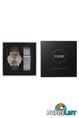 Cluse Aravis Leather Silver Warm Grey/Black Watch and Silver Mesh Strap Gift Box Set CG1519501001 - 8719743375598