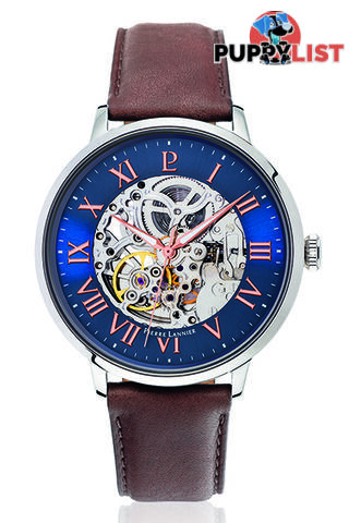 Pierre Lannier Automatic Skeleton Silver Blue/Brown Leather Watch 322B164