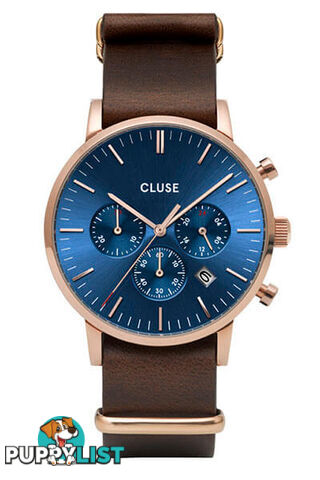 CLUSE Mens Aravis Chronograph Rose Gold Dark Blue/Brown Nato Watch CW0101502008 - 8719743374973