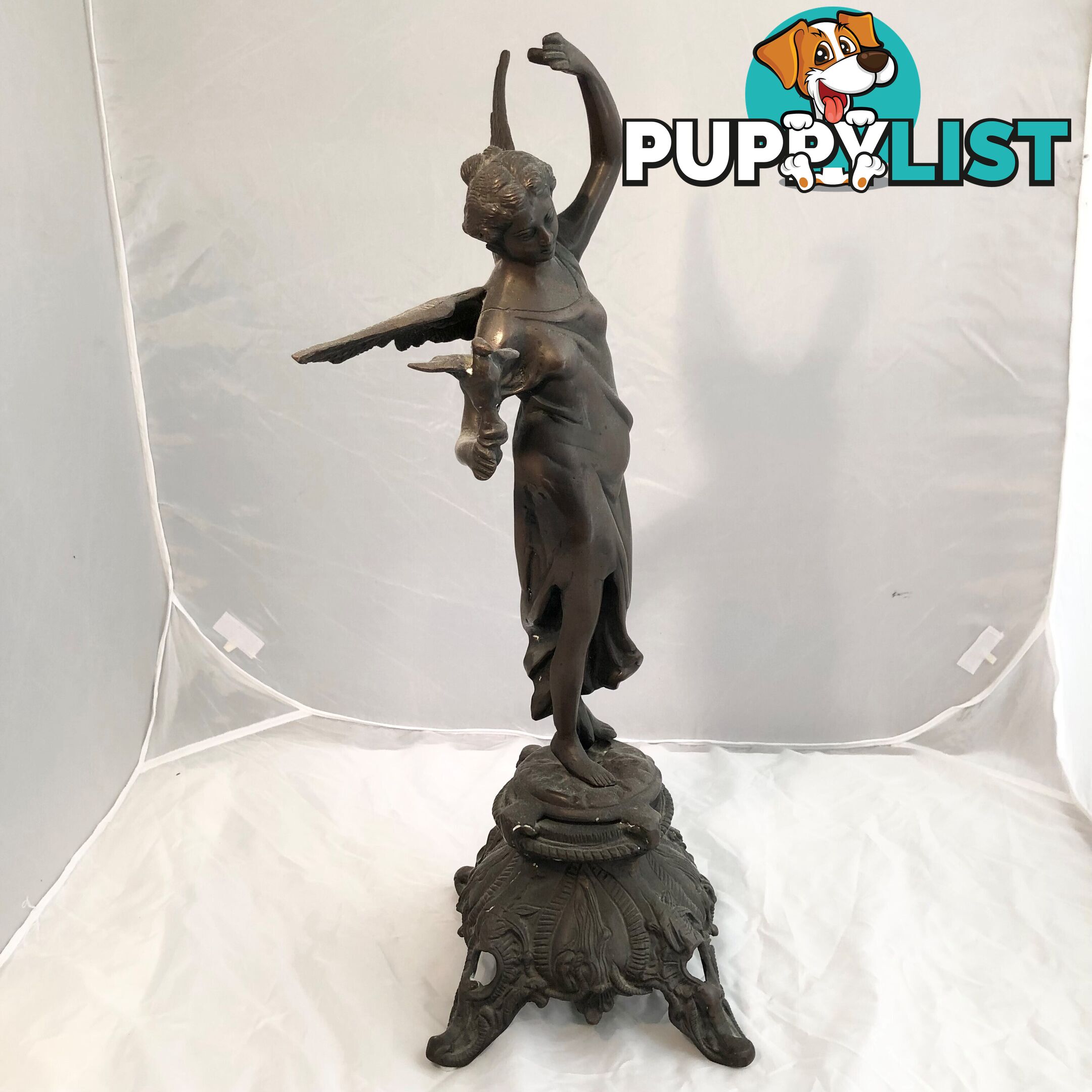 🕊Bronze Statue Art Nouveau Winged Angel of Peace Holding Dove