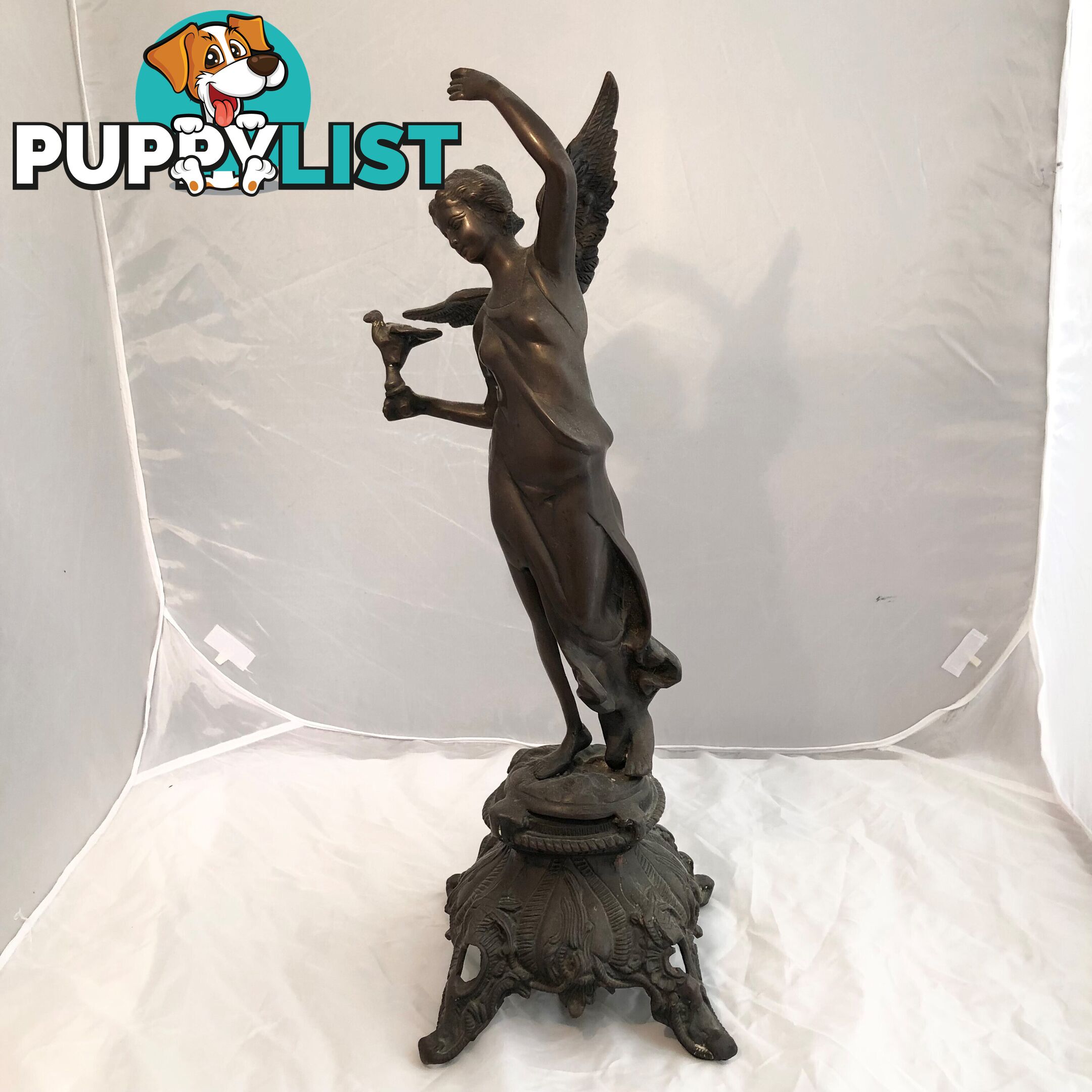 🕊Bronze Statue Art Nouveau Winged Angel of Peace Holding Dove