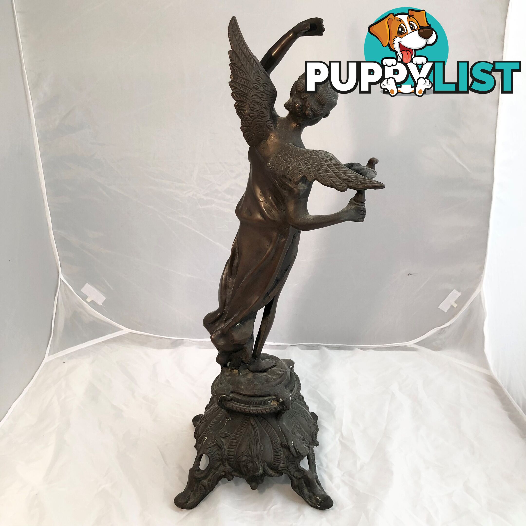 🕊Bronze Statue Art Nouveau Winged Angel of Peace Holding Dove