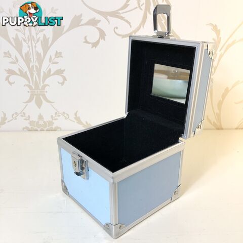 Portable Black Velvet Lined Alloy Blue Vanity Storage Case with Mirror