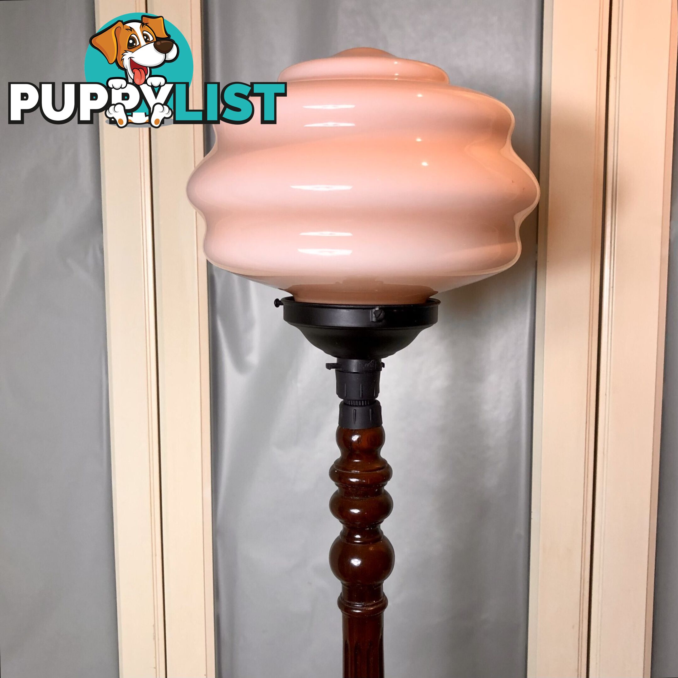 🍥Unique VNTG Pink Glass Standard Floor Lamp w/ Polished Timber Base