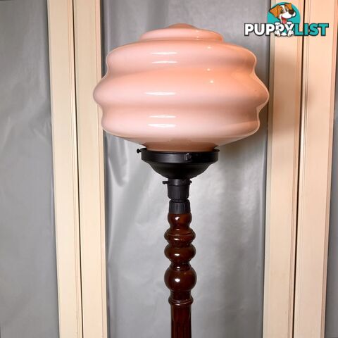 🍥Unique VNTG Pink Glass Standard Floor Lamp w/ Polished Timber Base