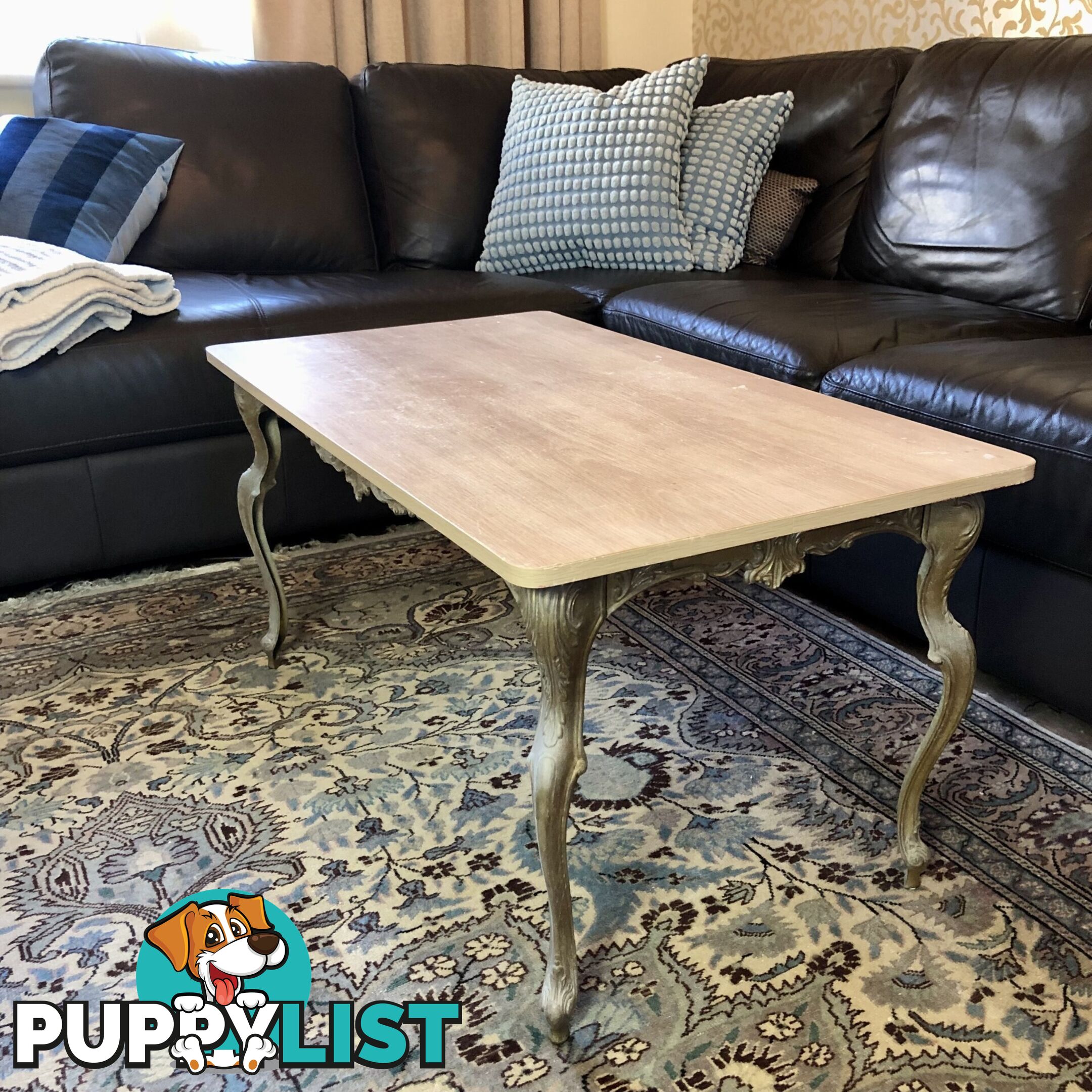 🥐Mid-Century French Louis XV Provincial Style Gilt & Patina Brass & Oak Look Top Coffee Table