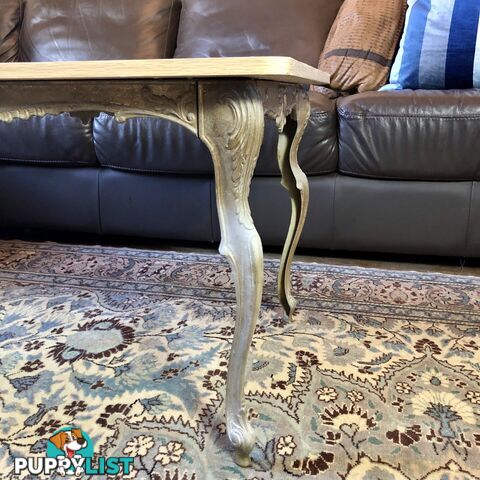 🥐Mid-Century French Louis XV Provincial Style Gilt & Patina Brass & Oak Look Top Coffee Table