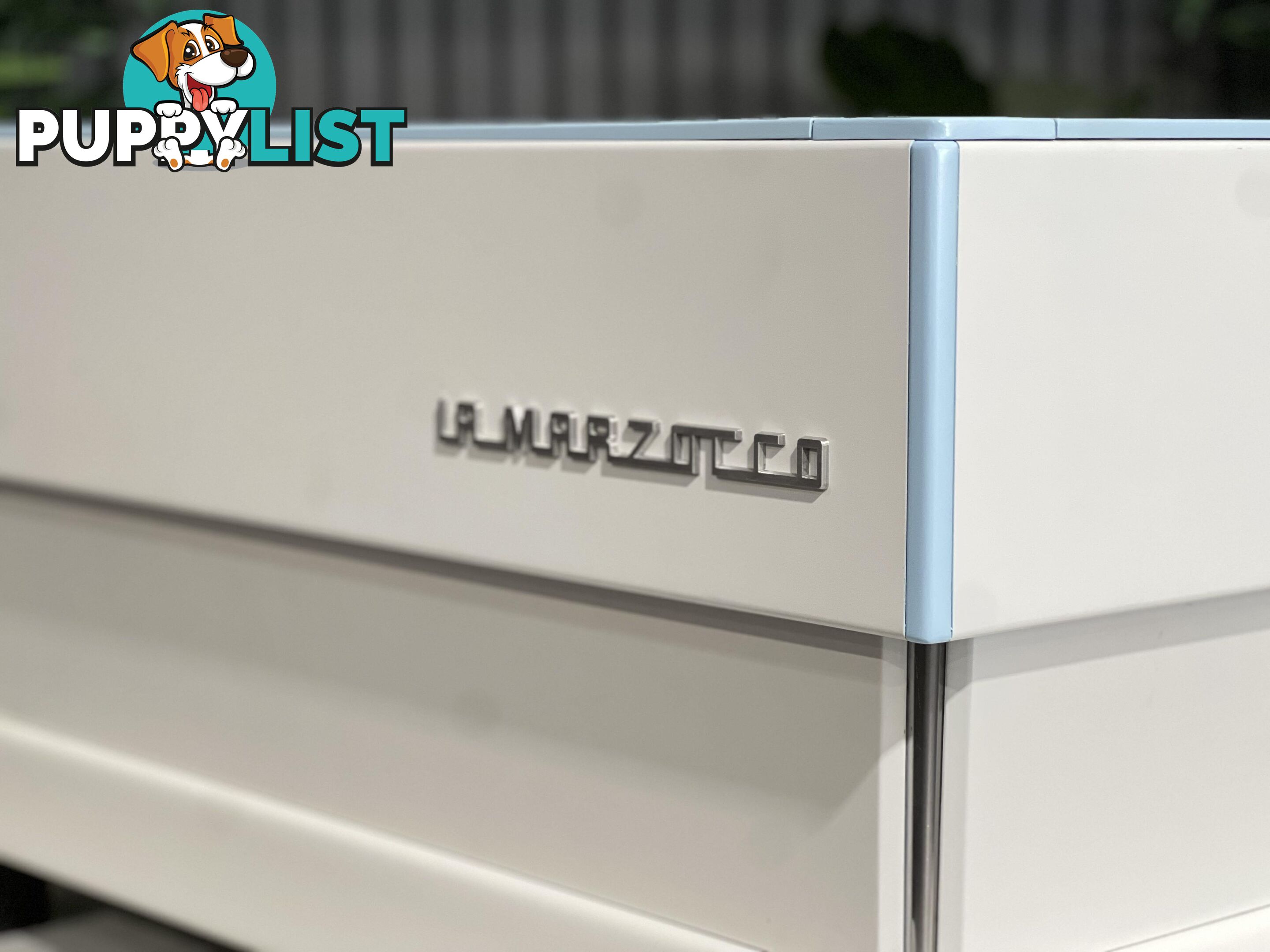 LA  MARZOCCO LINEA CLASSIC 3 GROUP WHITE &amp; LIGHT BLUE w. PESADO HANDLES ESPRESSO COFFEE MACHINE