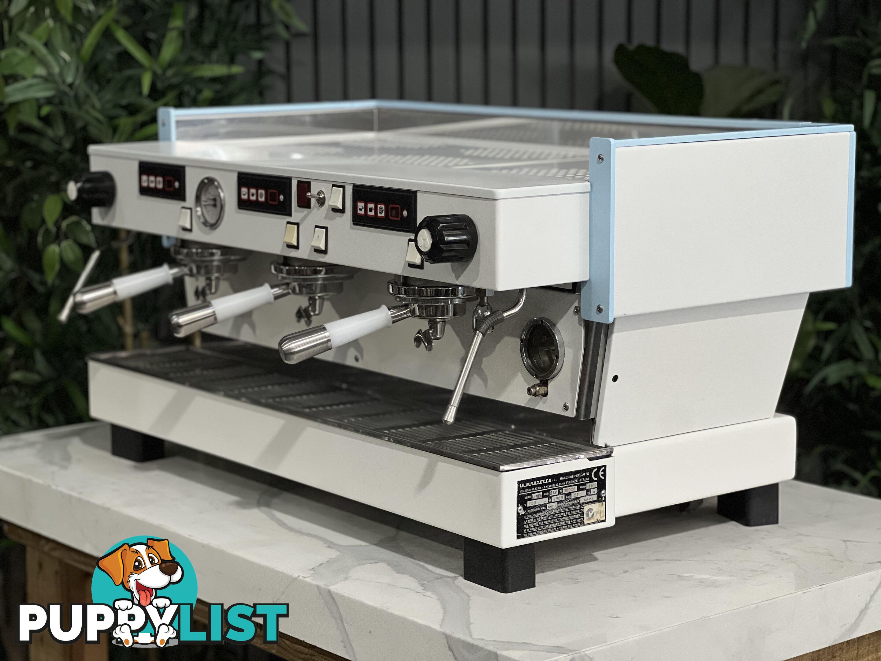 LA  MARZOCCO LINEA CLASSIC 3 GROUP WHITE &amp; LIGHT BLUE w. PESADO HANDLES ESPRESSO COFFEE MACHINE