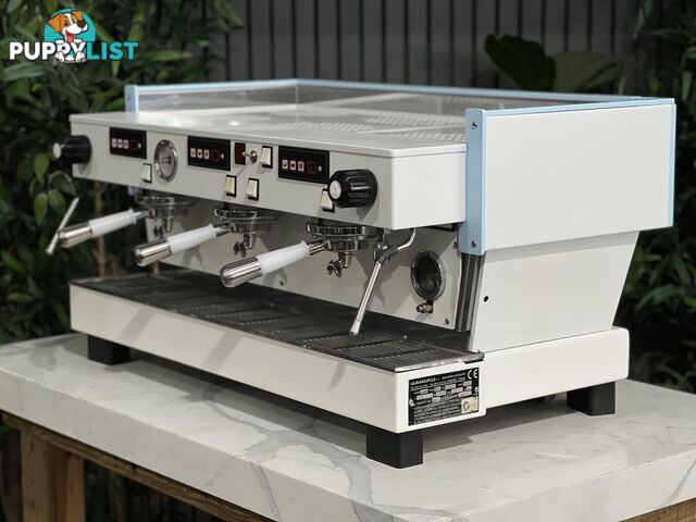 LA  MARZOCCO LINEA CLASSIC 3 GROUP WHITE &amp; LIGHT BLUE w. PESADO HANDLES ESPRESSO COFFEE MACHINE