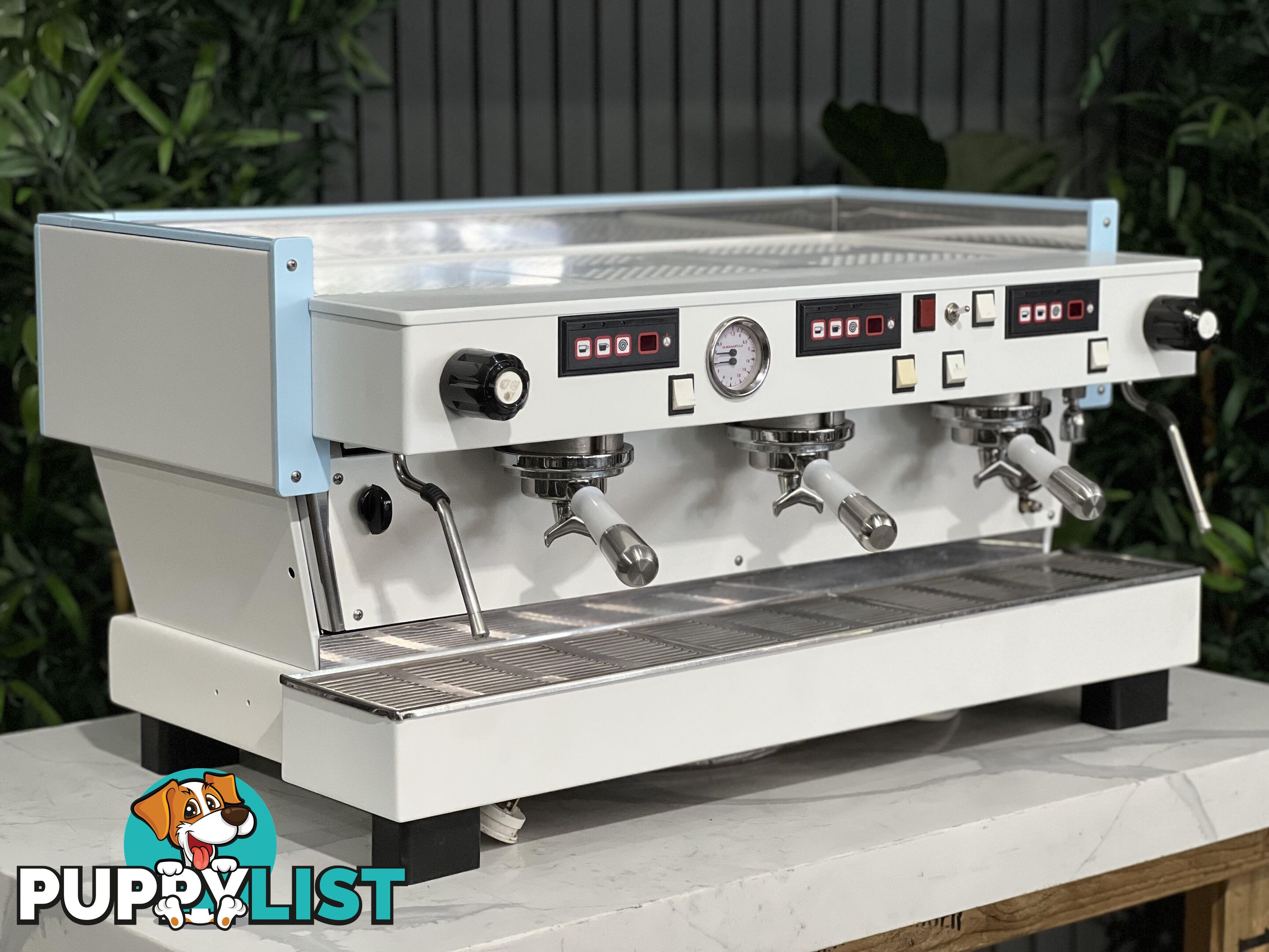 LA  MARZOCCO LINEA CLASSIC 3 GROUP WHITE &amp; LIGHT BLUE w. PESADO HANDLES ESPRESSO COFFEE MACHINE