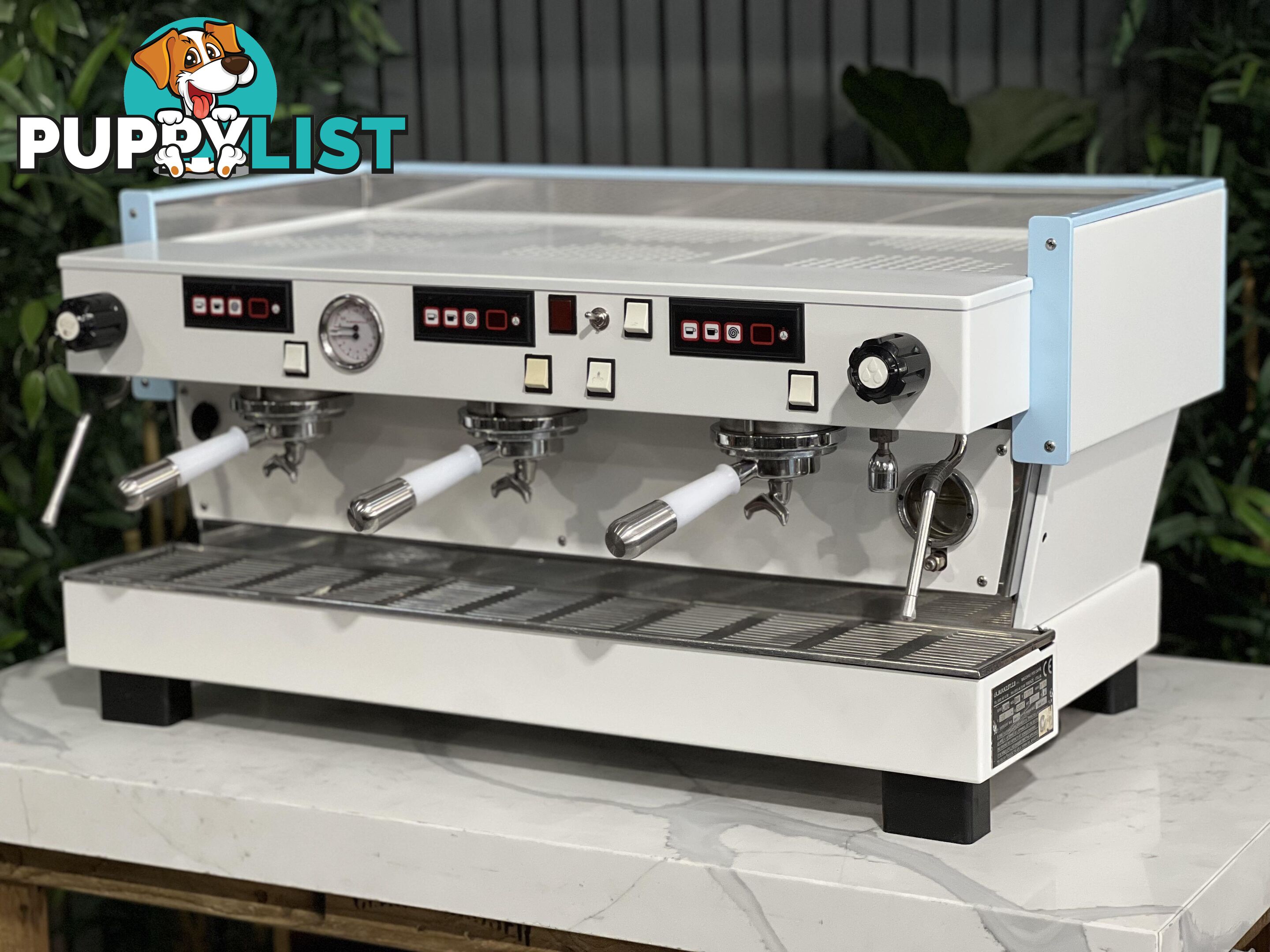 LA  MARZOCCO LINEA CLASSIC 3 GROUP WHITE &amp; LIGHT BLUE w. PESADO HANDLES ESPRESSO COFFEE MACHINE