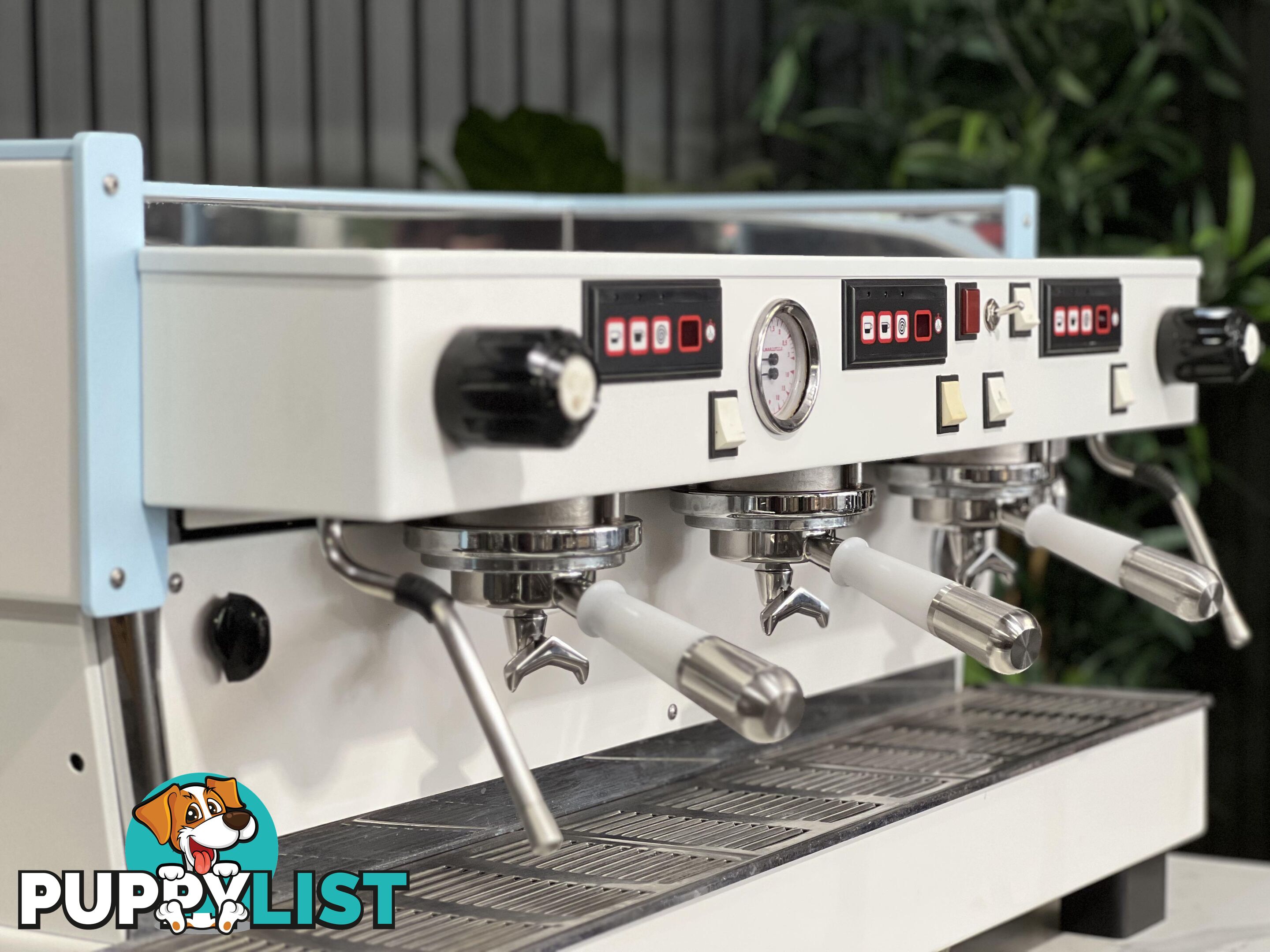 LA  MARZOCCO LINEA CLASSIC 3 GROUP WHITE &amp; LIGHT BLUE w. PESADO HANDLES ESPRESSO COFFEE MACHINE