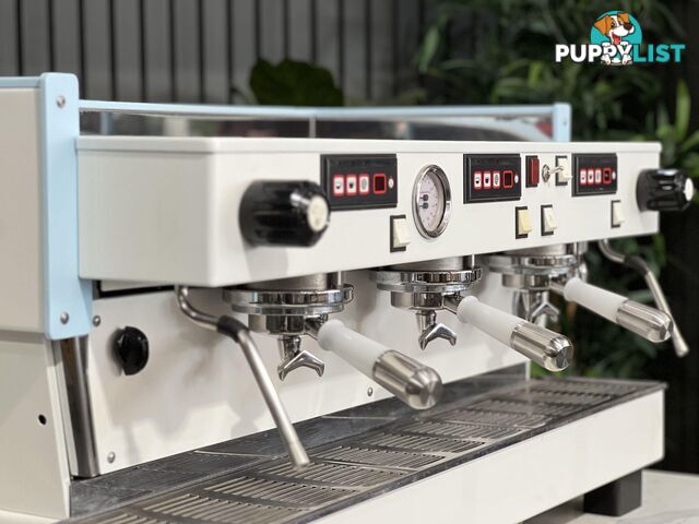 LA  MARZOCCO LINEA CLASSIC 3 GROUP WHITE &amp; LIGHT BLUE w. PESADO HANDLES ESPRESSO COFFEE MACHINE