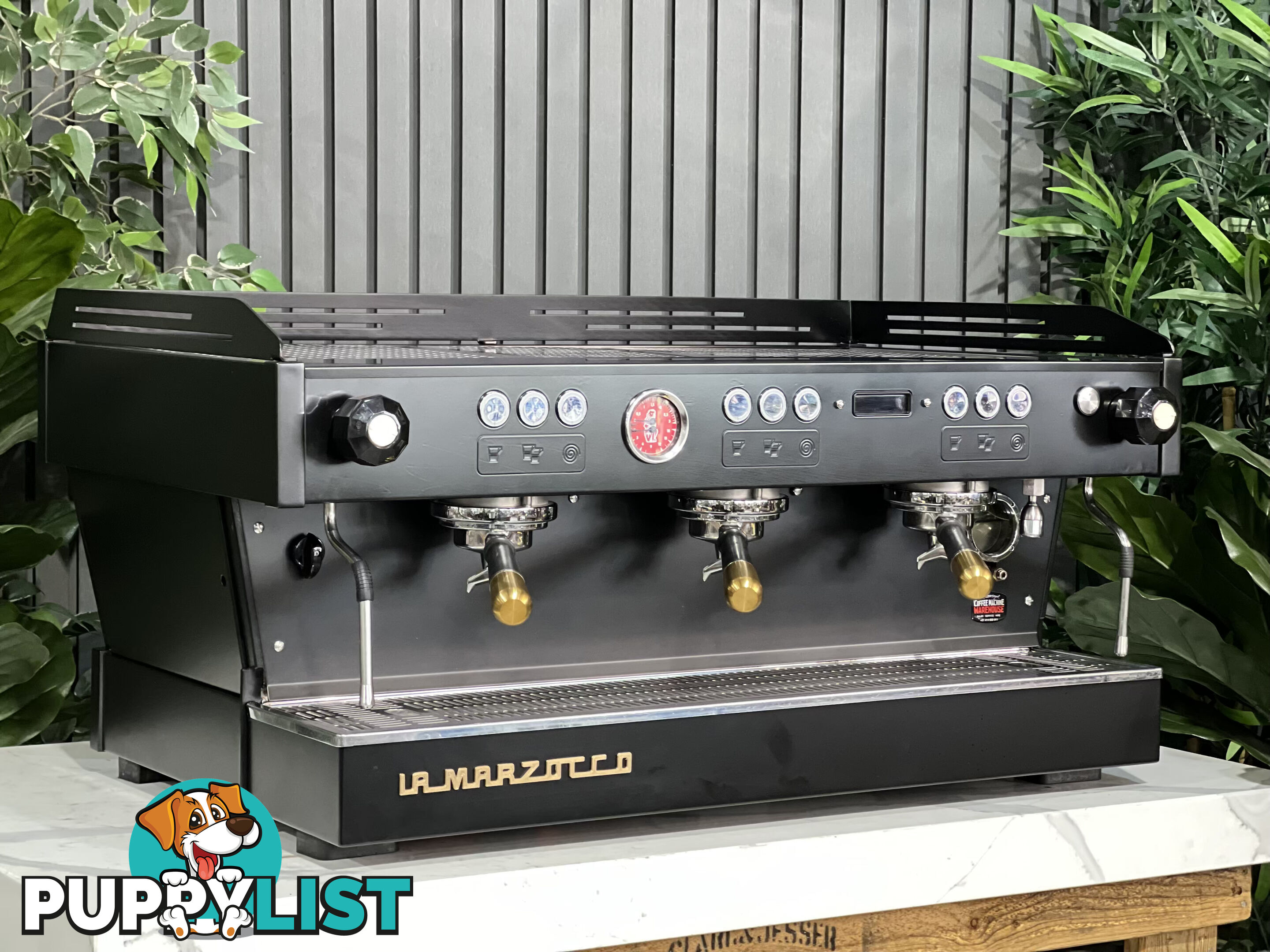 LA MARZOCCO LINEA PB 3 GROUP BLACK W/ GOLD PESADOS ESPRESSO COFFEE MACHINE