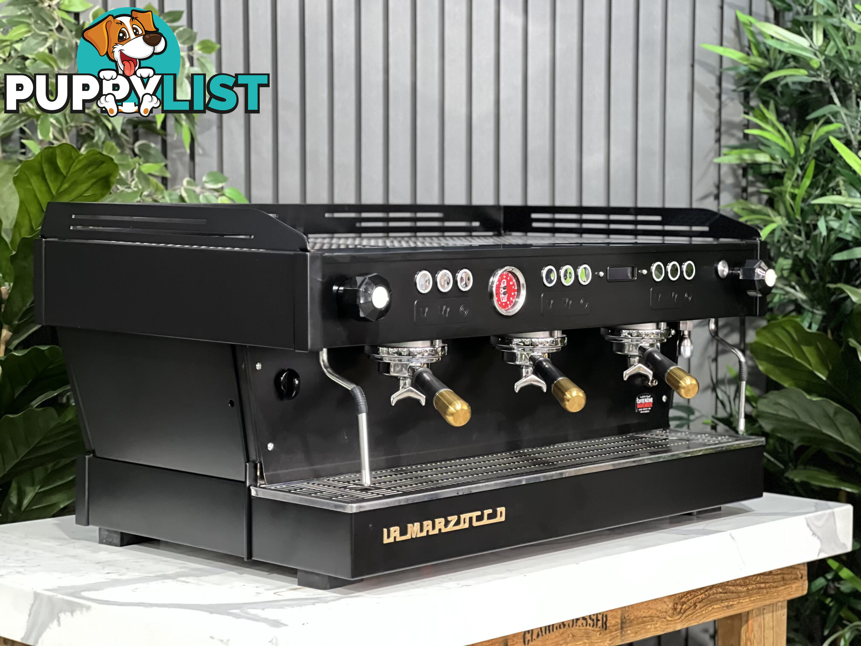 LA MARZOCCO LINEA PB 3 GROUP BLACK W/ GOLD PESADOS ESPRESSO COFFEE MACHINE