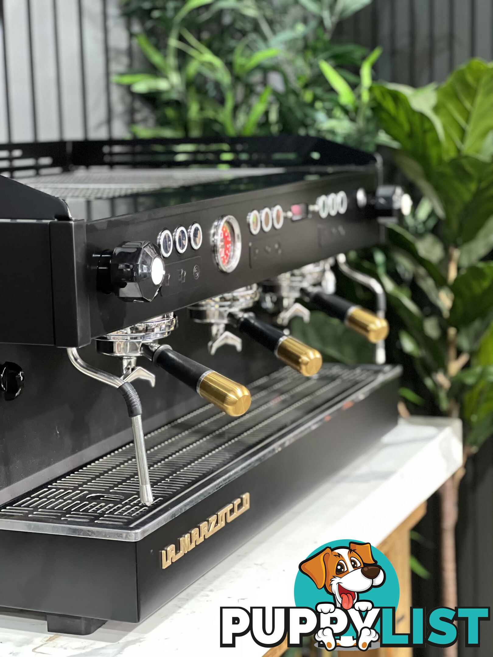 LA MARZOCCO LINEA PB 3 GROUP BLACK W/ GOLD PESADOS ESPRESSO COFFEE MACHINE