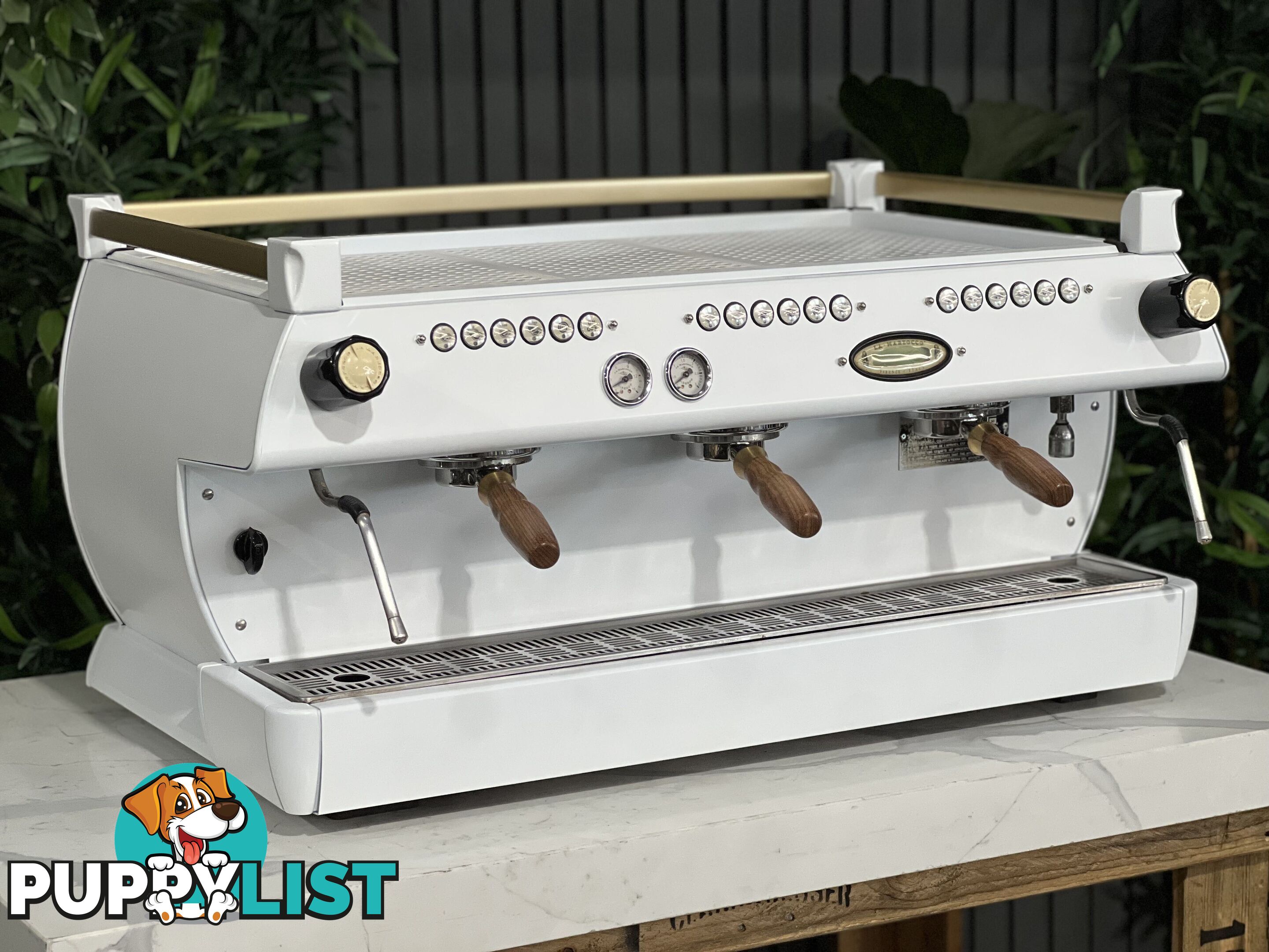 LA MARZOCCO GB5 3 GRP ESPRESSO COFFEE MACHINE WHITE & GOLD WOWA TIMBER & GOLD GROUP HANDLES