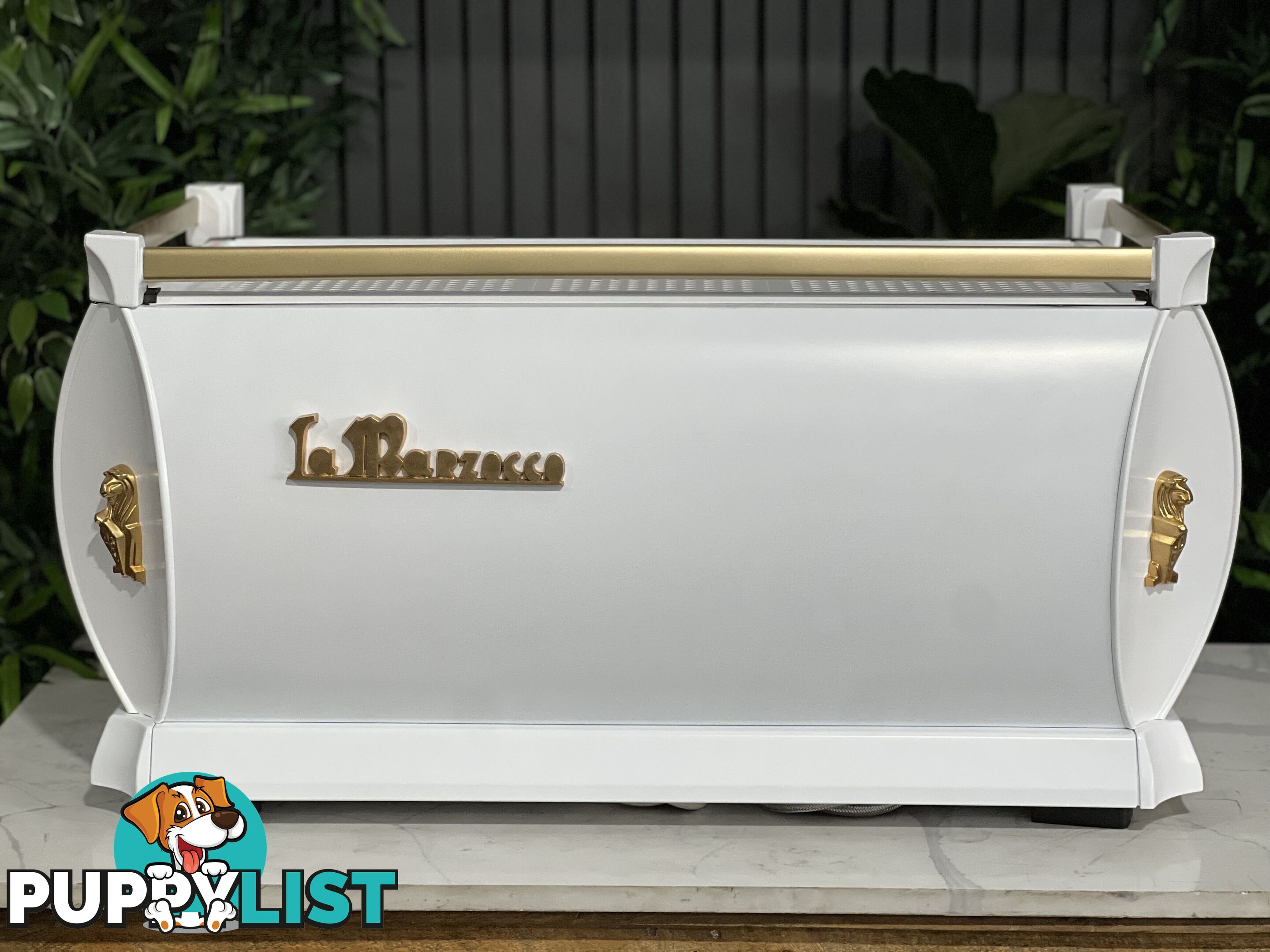 LA MARZOCCO GB5 3 GRP ESPRESSO COFFEE MACHINE WHITE & GOLD WOWA TIMBER & GOLD GROUP HANDLES