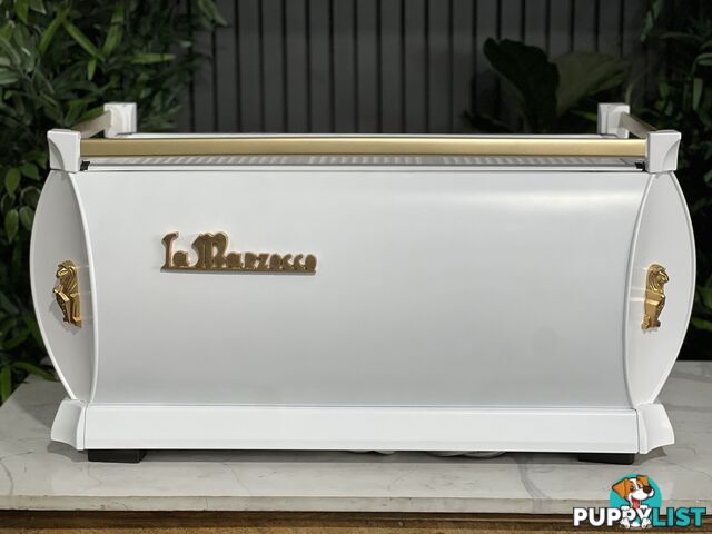 LA MARZOCCO GB5 3 GRP ESPRESSO COFFEE MACHINE WHITE & GOLD WOWA TIMBER & GOLD GROUP HANDLES