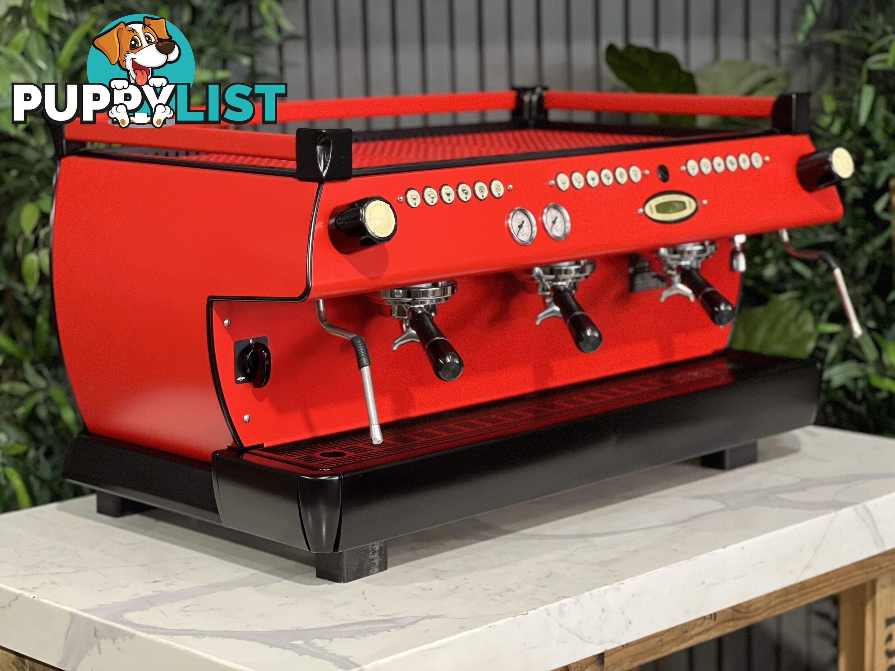 LA MARZOCCO GB5 3 GRP ESPRESSO COFFEE MACHINE FULL RED WITH BLACK ACCENTS & PESADO HANDLES