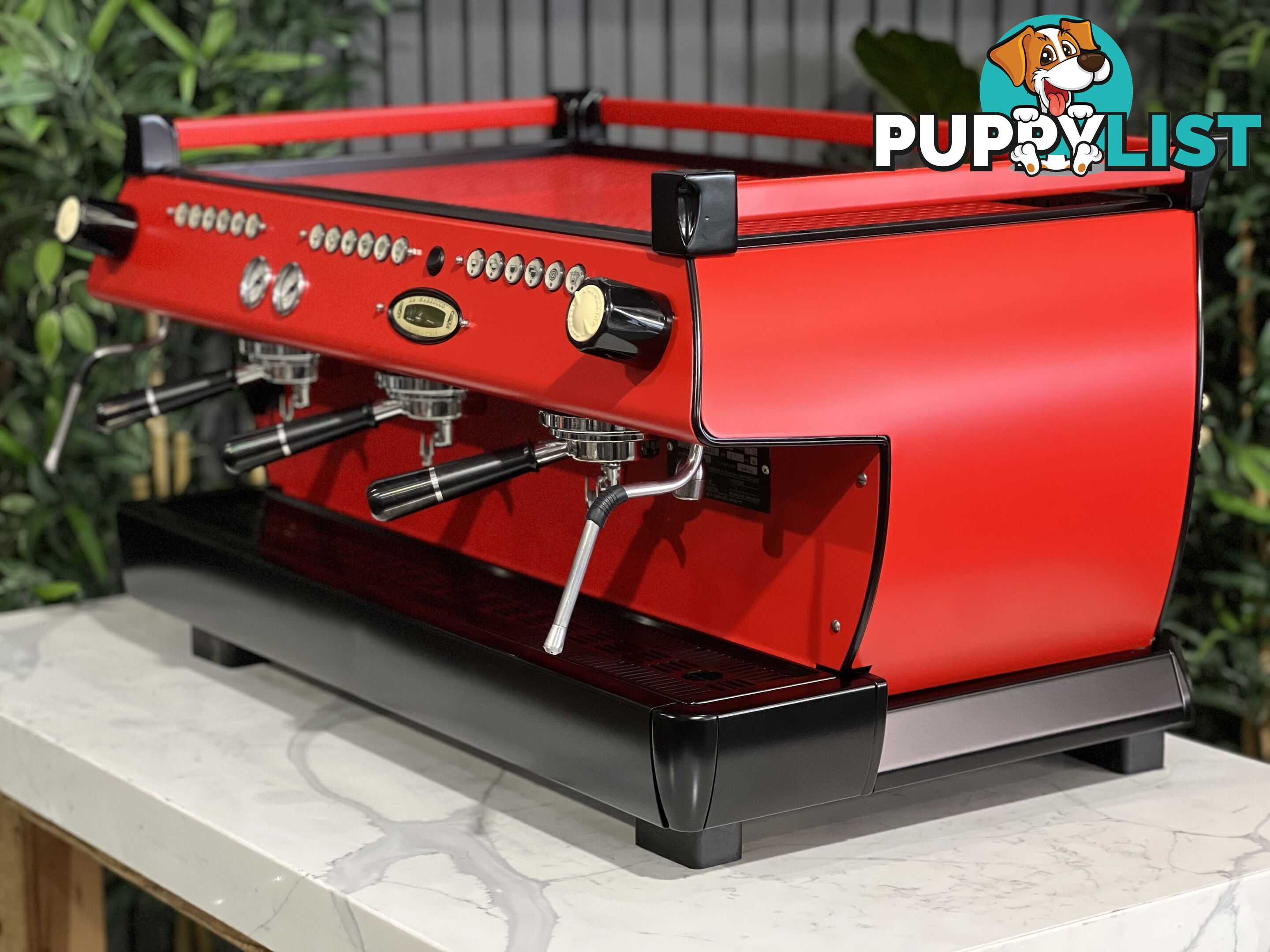 LA MARZOCCO GB5 3 GRP ESPRESSO COFFEE MACHINE FULL RED WITH BLACK ACCENTS & PESADO HANDLES