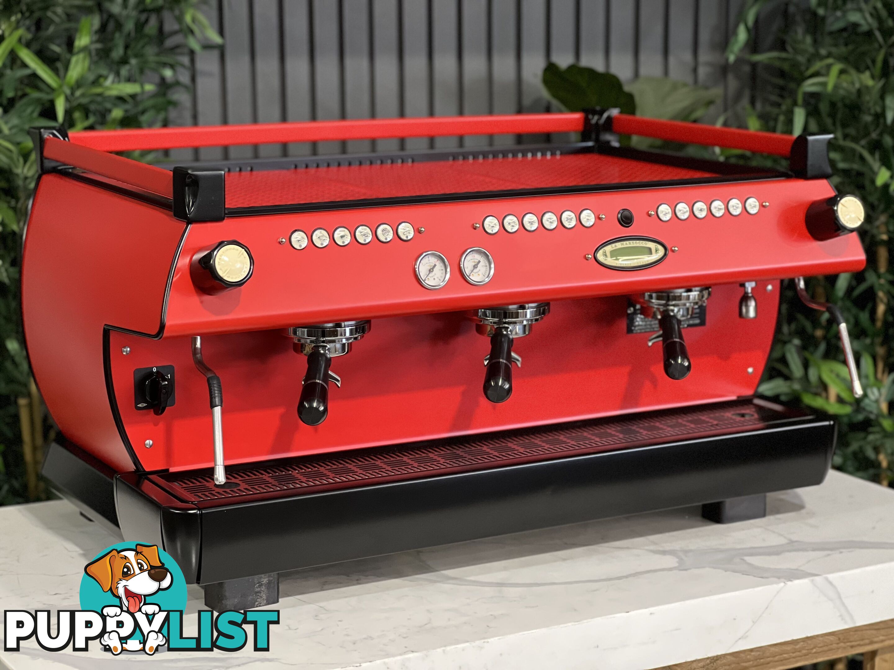 LA MARZOCCO GB5 3 GRP ESPRESSO COFFEE MACHINE FULL RED WITH BLACK ACCENTS & PESADO HANDLES