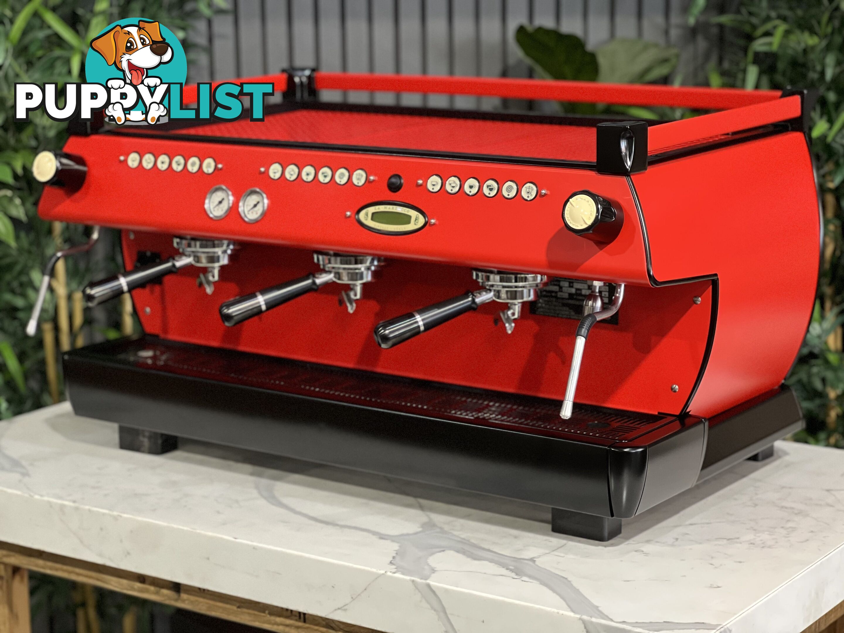 LA MARZOCCO GB5 3 GRP ESPRESSO COFFEE MACHINE FULL RED WITH BLACK ACCENTS & PESADO HANDLES