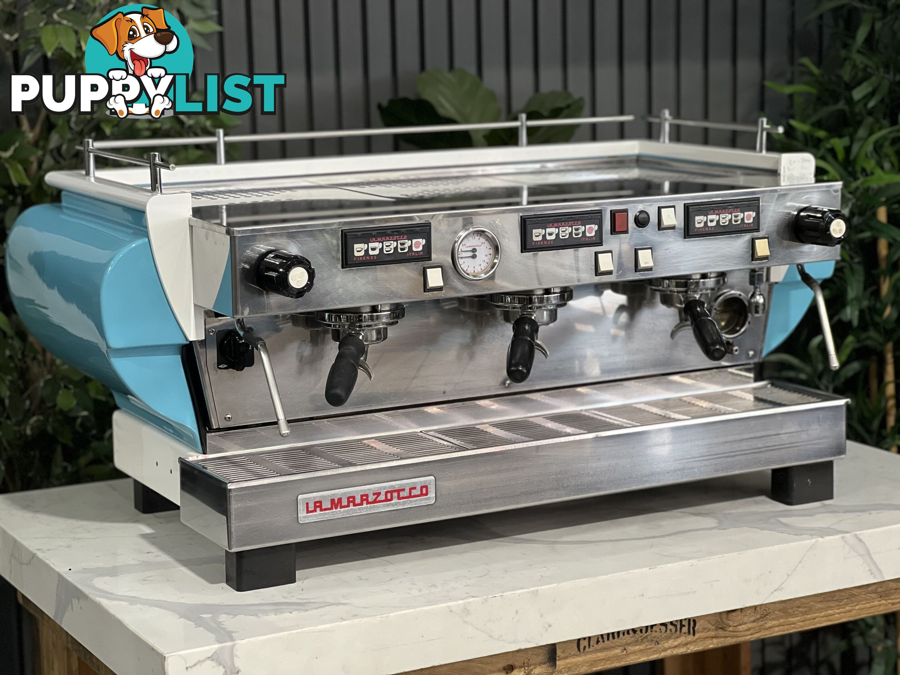 LA MARZOCCO FB70 3 GROUP ESPRESSO COFFEE MACHINE BLUE & WHITE CAFE COMMERCIAL BARISTA RESTAURANT