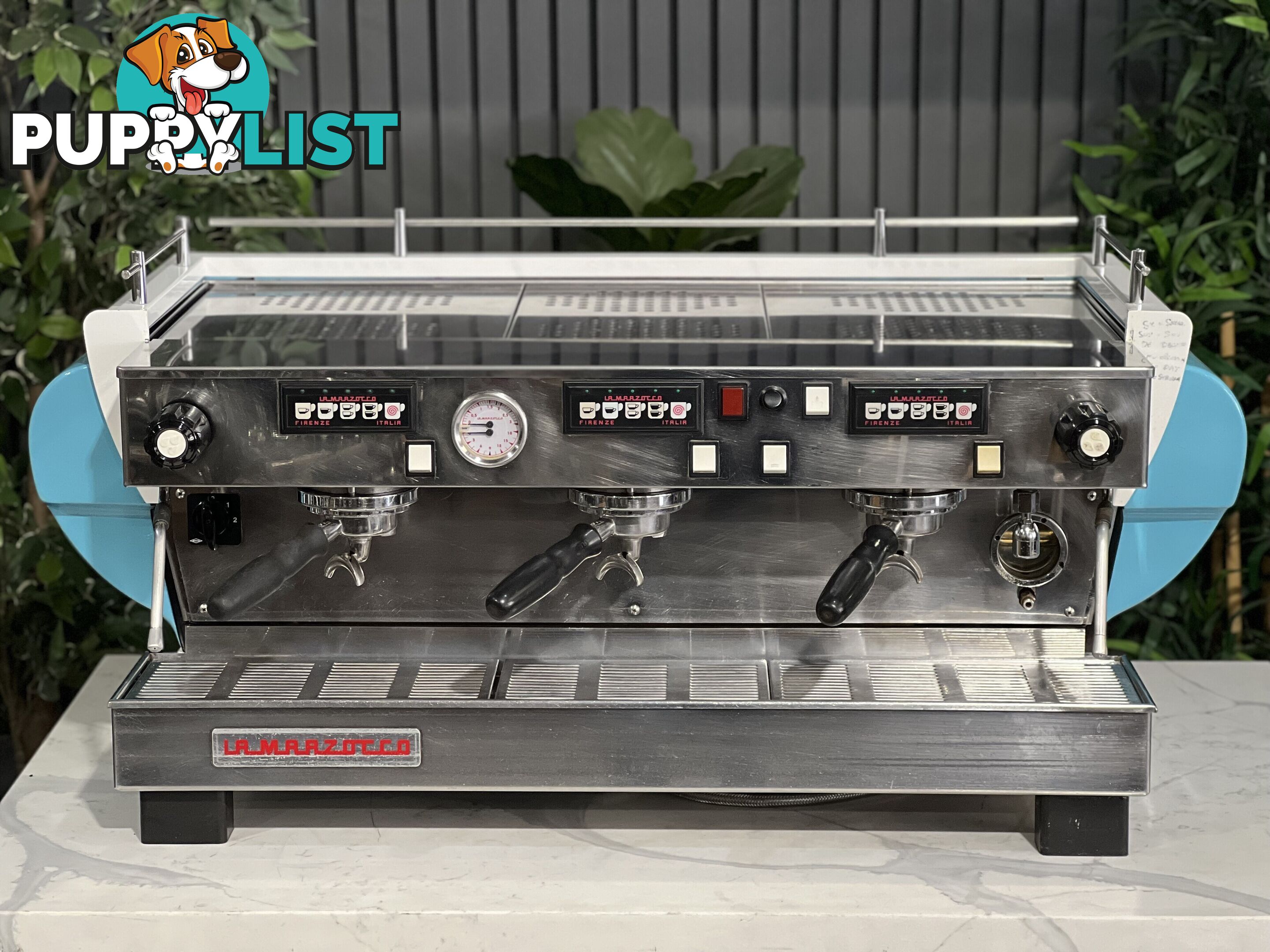 LA MARZOCCO FB70 3 GROUP ESPRESSO COFFEE MACHINE BLUE & WHITE CAFE COMMERCIAL BARISTA RESTAURANT