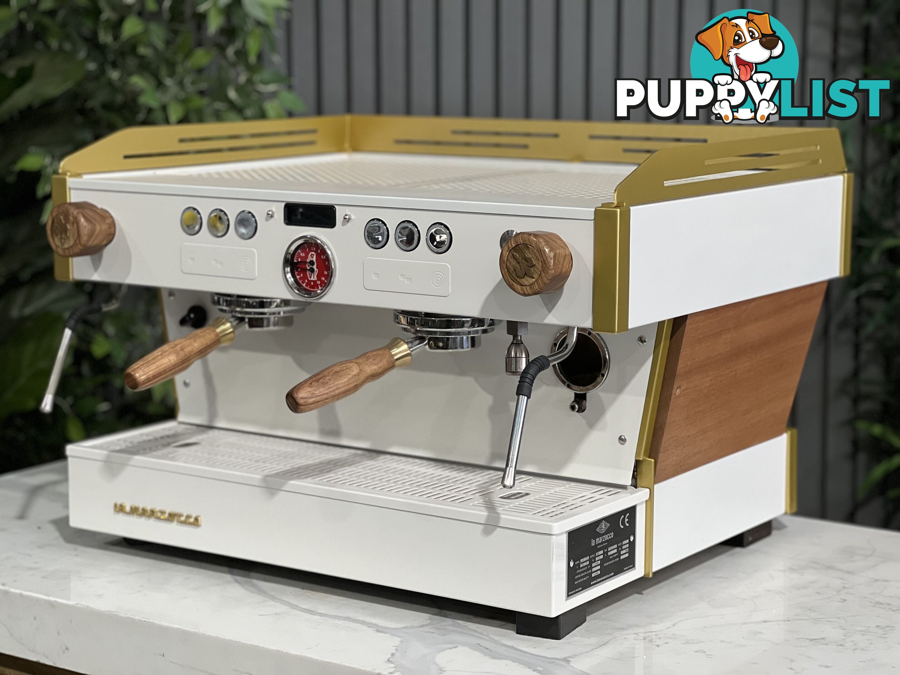 LA MARZOCCO LINEA PB 2 GROUP WHITE & GOLD ESPRESSO COFFEE MACHINE W/ TIMBER CAFE COMMERCIAL