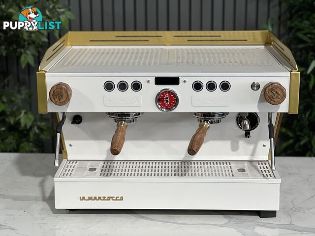 LA MARZOCCO LINEA PB 2 GROUP WHITE & GOLD ESPRESSO COFFEE MACHINE W/ TIMBER CAFE COMMERCIAL