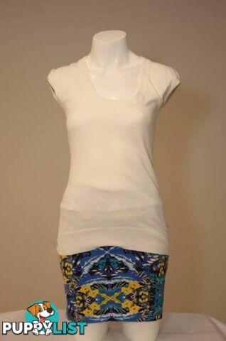 Valleygirl white top and blue patterned skirt