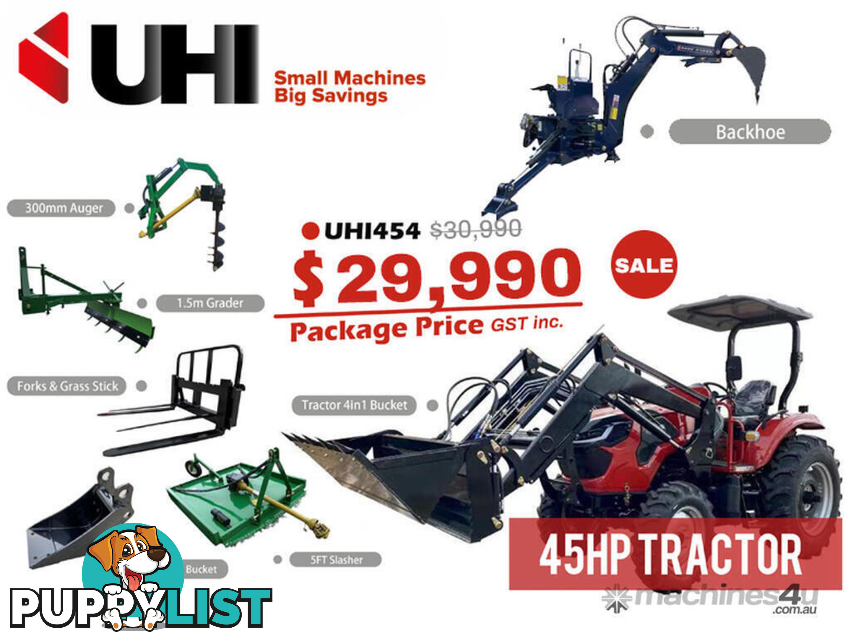 NEW UHI 45HP 4WD TRACTOR WITH 7 ATTACHMENTS, (WA ONLY)