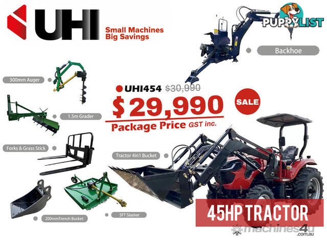 NEW UHI 45HP 4WD TRACTOR WITH 7 ATTACHMENTS, (WA ONLY)